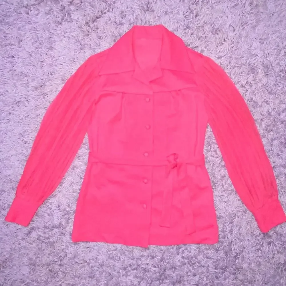 M Hot Pink VTG Button Up Long Sheer Sleeve Fitted Blazer Shirt Dress Pleated Top